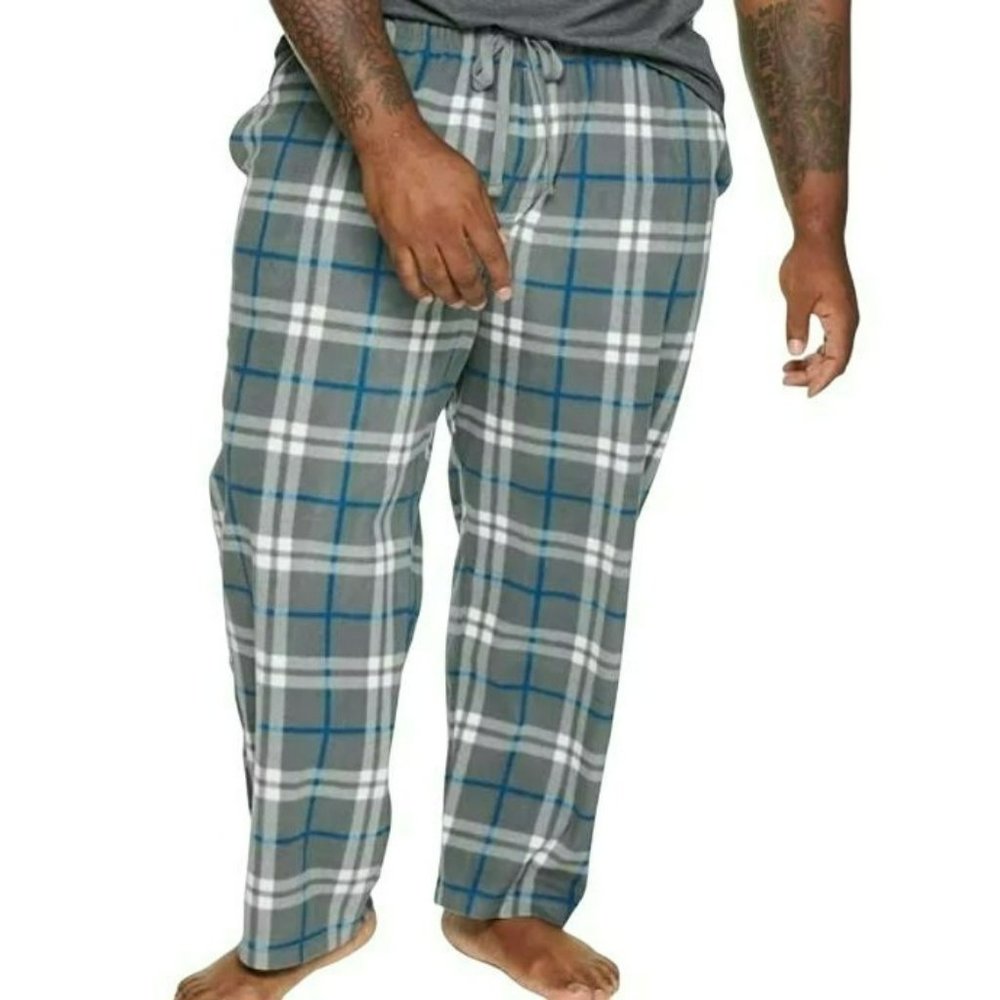 Fleece Pants Pajama Lounge Sleep Grey Blue White Plaid Men's Size 1X JJ2104